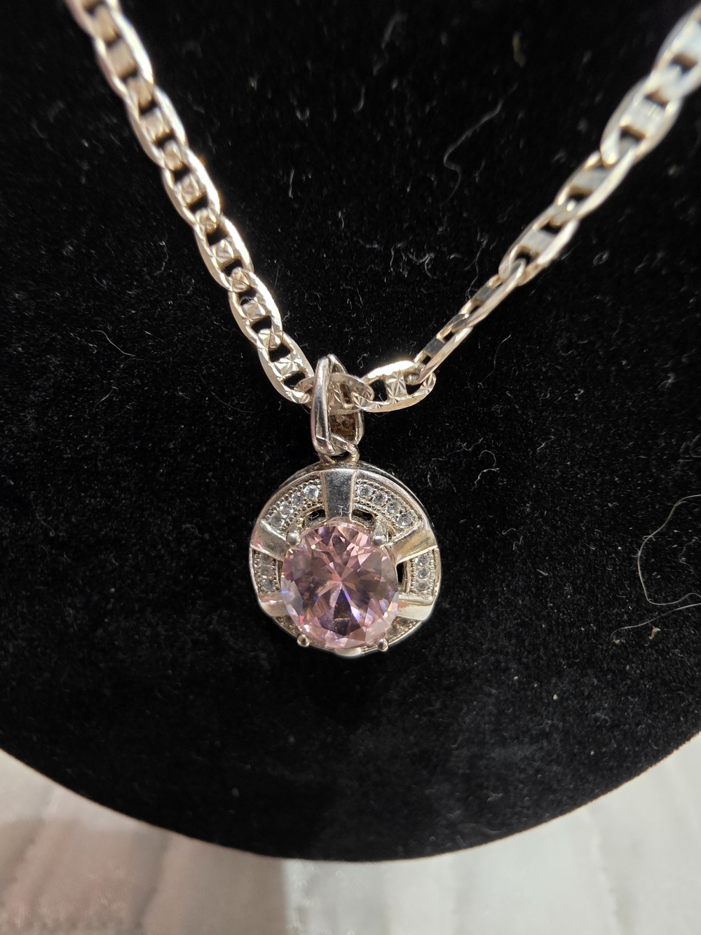 Sterling Silver Necklace with Pink Round Saphire And Zirconia Pendant